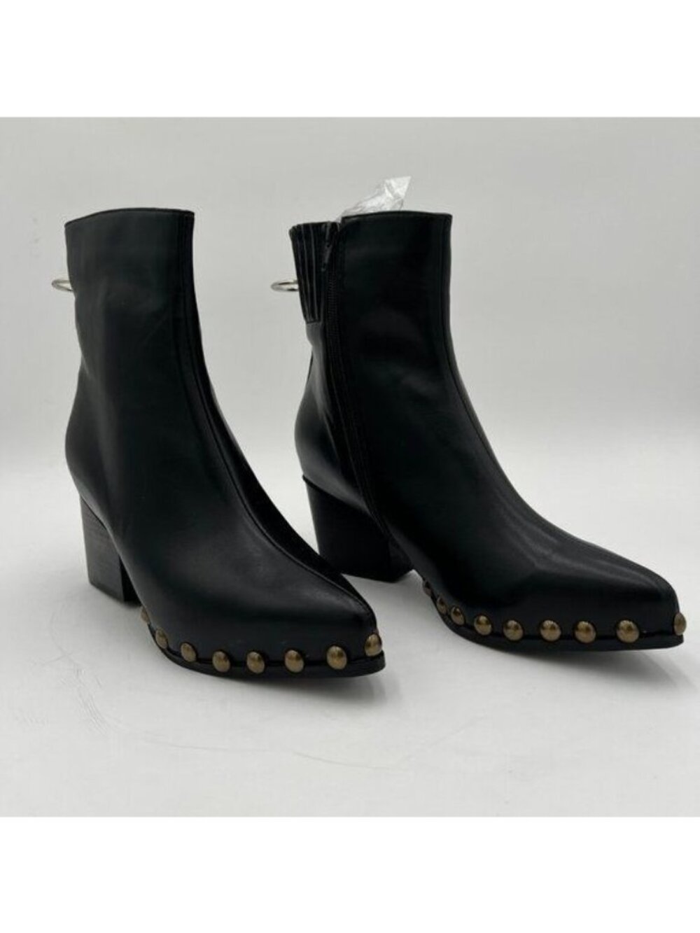 Black Women Studded Chunky Heeled Side Zipper Almond Toe Ankle Booties